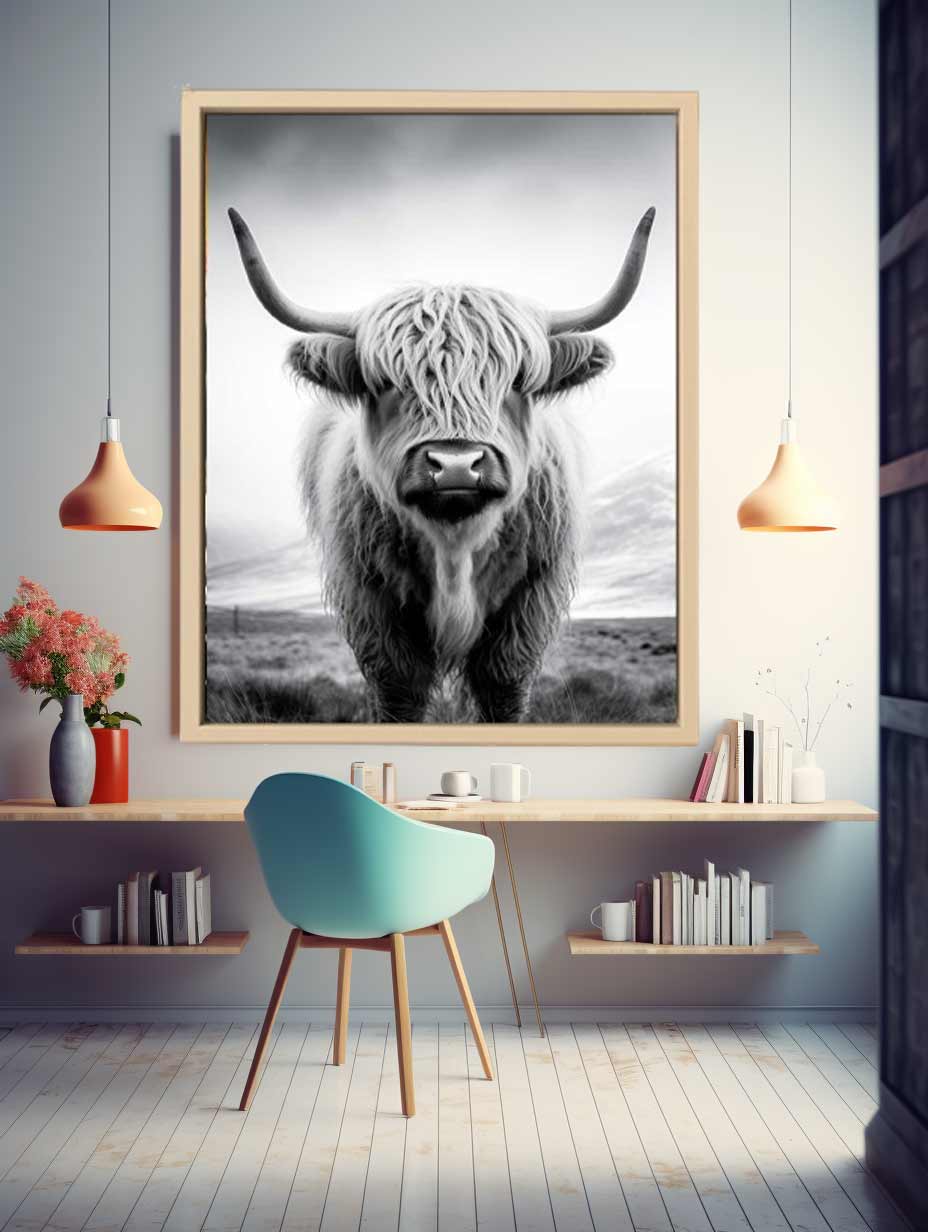 Black and white Highland cow canvas art for rustic farmhouse living room decor.