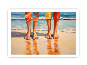 Children standing on beach canvas art with reflections for coastal family room decor.