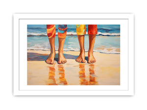 Children standing on beach canvas art with reflections for coastal family room decor.