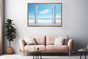 Open door beach view canvas art with blue ocean for calm coastal bedroom decor.