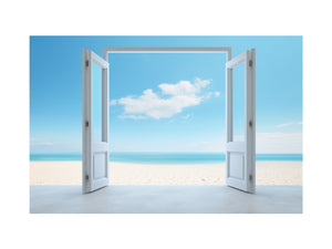 Open door beach view canvas art with blue ocean for calm coastal bedroom decor.