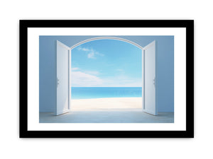White open doors to ocean canvas art for serene coastal bedroom decor.