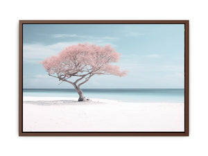 Blush pink beach tree canvas art for serene coastal bedroom or nursery decor.