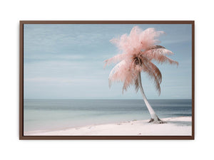Pink palm tree beach canvas art with calm ocean for tropical bedroom decor.