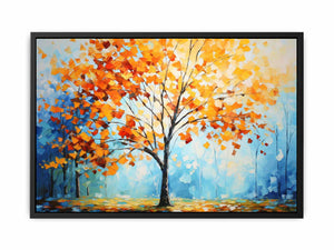 Orange autumn tree canvas art with blue sky for bright modern living room decor.