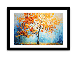 Orange autumn tree canvas art with blue sky for bright modern living room decor.