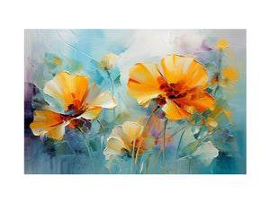 Yellow floral canvas art with teal abstract background for modern room decor.