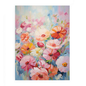 Pastel pink flower canvas art with blue garden tones for soft bedroom decor.