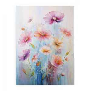 Soft cosmos flower canvas art in pink and blue for elegant bedroom decor.