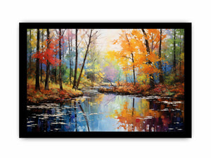 Autumn forest creek canvas art with colorful trees and water reflections.