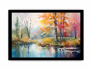 Colorful autumn pond canvas art with trees and reflections for home decor.