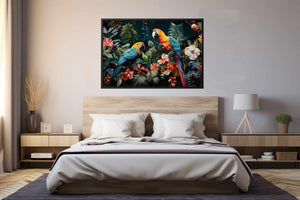 Two tropical parrots canvas art with lush leaves and flowers for bold home decor.
