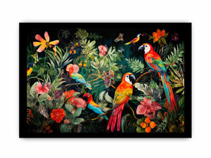 Colorful parrot canvas art with tropical flowers and leaves for statement decor.