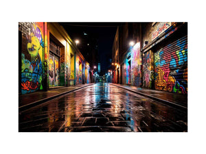 Neon graffiti alley canvas art with wet street reflections for urban decor.