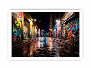 Neon graffiti alley canvas art with wet street reflections for urban decor.