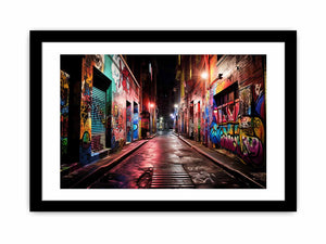 Red neon graffiti alley canvas art with wet pavement for modern urban decor.
