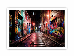 Red neon graffiti alley canvas art with wet pavement for modern urban decor.