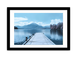 Tranquil lake jetty canvas art with blue mountains for bedroom decor.