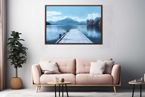 Tranquil lake jetty canvas art with blue mountains for bedroom decor.