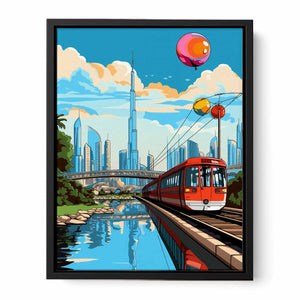 Dubai pop art train illustration canvas for colorful kids room decor.