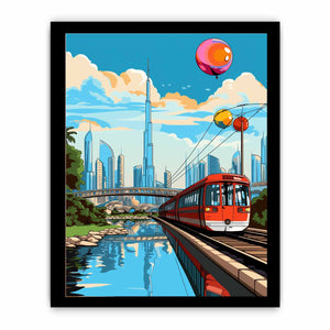 Dubai pop art train illustration canvas for colorful kids room decor.