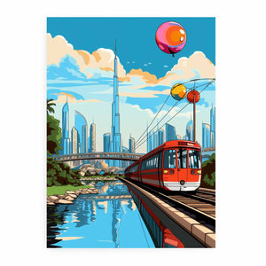 Dubai pop art train illustration canvas for colorful kids room decor.