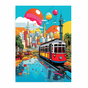 Bold Dubai tram pop art canvas for modern apartment wall decor.