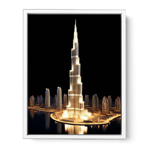 Gold Burj Khalifa canvas art on black background for luxury office decor.