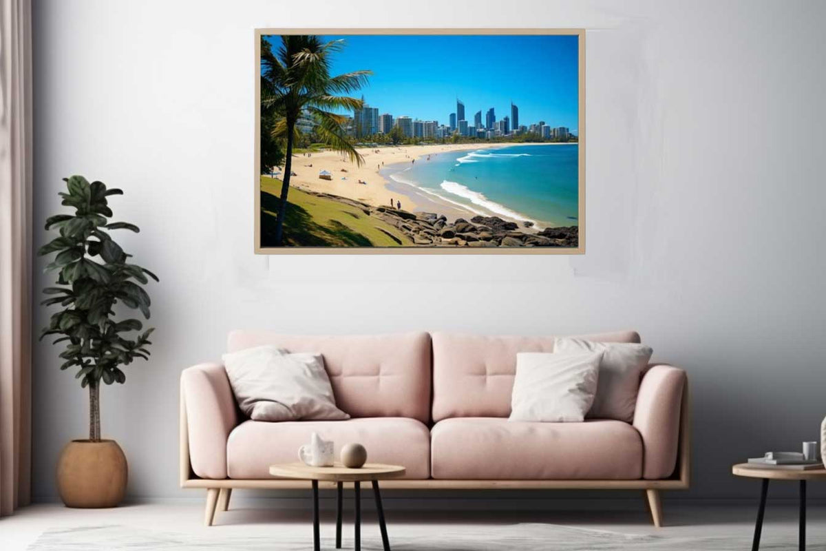 Burleigh Heads beach canvas art with palm tree and ocean for coastal living room decor.