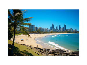 Burleigh Heads beach canvas art with palm tree and ocean for coastal living room decor.