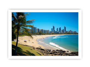 Burleigh Heads beach canvas art with palm tree and ocean for coastal living room decor.