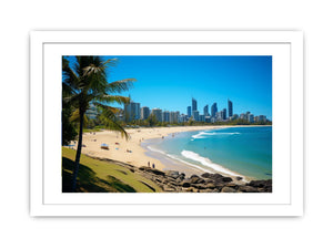Burleigh Heads beach canvas art with palm tree and ocean for coastal living room decor.