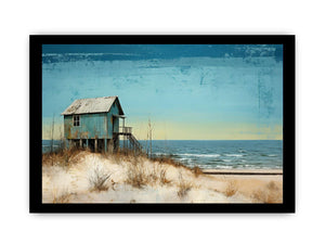 Rustic blue beach house canvas art with dunes and ocean for coastal decor.