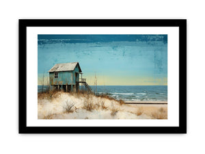 Rustic blue beach house canvas art with dunes and ocean for coastal decor.