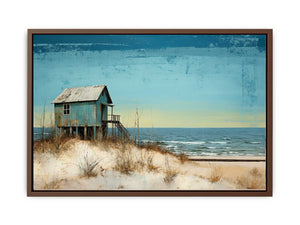 Rustic blue beach house canvas art with dunes and ocean for coastal decor.