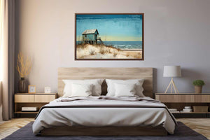 Rustic blue beach house canvas art with dunes and ocean for coastal decor.