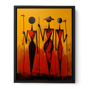 Bold African-inspired abstract figures in red and black for modern living room decor.