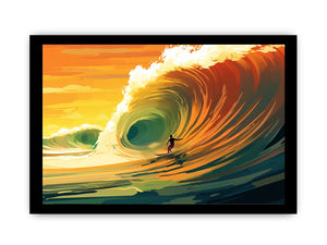 Surfer riding a glowing orange ocean wave at sunset for coastal living room wall art.