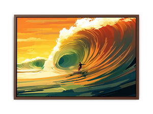 Surfer riding a glowing orange ocean wave at sunset for coastal living room wall art.