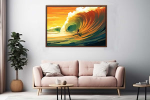 Surfer riding a glowing orange ocean wave at sunset for coastal living room wall art.