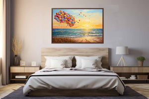 Colorful balloons floating beside ocean waves at sunset for dreamy coastal bedroom decor.