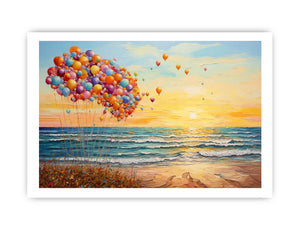 Colorful balloons floating beside ocean waves at sunset for dreamy coastal bedroom decor.