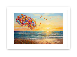 Colorful balloons floating beside ocean waves at sunset for dreamy coastal bedroom decor.