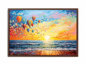 Colorful hot air balloons over ocean sunrise for joyful coastal living room wall decor.