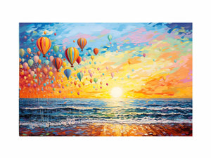 Colorful hot air balloons over ocean sunrise for joyful coastal living room wall decor.