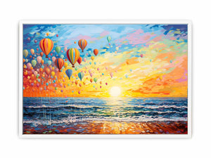 Colorful hot air balloons over ocean sunrise for joyful coastal living room wall decor.