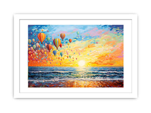 Colorful hot air balloons over ocean sunrise for joyful coastal living room wall decor.
