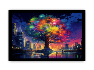 Rainbow tree glowing in a modern city skyline with reflections for bold office wall art.