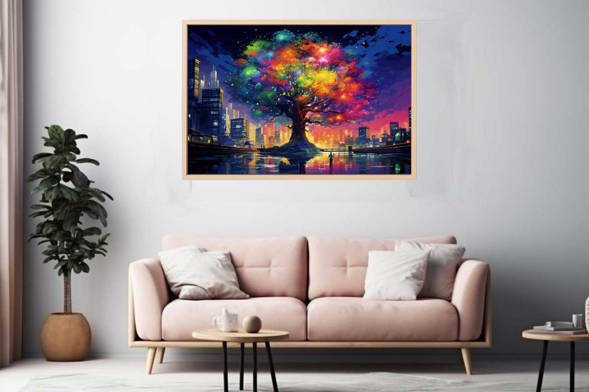 Rainbow tree glowing in a modern city skyline with reflections for bold office wall art.