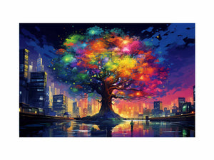 Rainbow tree glowing in a modern city skyline with reflections for bold office wall art.